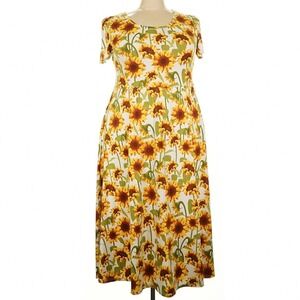 LuLaRoe Riley Women Dress Size 3XL White Sunflowers Floral Short Sleeve Maxi